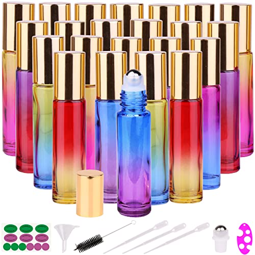 inice 24 10ml THICK Glass Roller Bottles Roll on Bottle Big Stainless Ball Gradient Color for Essential Oils (3 Dropper, 1 Funnel, 1 Extra Roller Ball, 1 Bottle Opener, 1 Brush, 24 Labels) - 24 Gradient Color Bottles with Golden Metal Caps