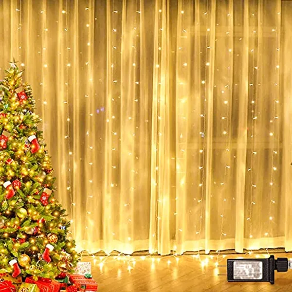 Twinkle Star 300 LED Window Curtain String Light for Christmas Wedding Party Home Garden Bedroom Outdoor Indoor Wall Decorations (Warm White)