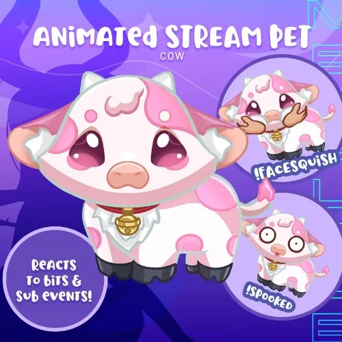 Interactive Strawberry Cow Stream Pet: Chat Reactions, Greetings, Subs & Bits Response - Animated Digital Asset for Twitch Streamers