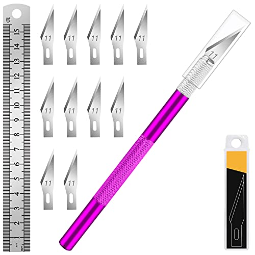 DIYSELF 1 Pcs Craft Knife Hobby Knife Exacto Knife with 11 Pcs Stainless Steel Exacto Blade Kit, 1pcs Steel 15CM Ruler for Art, Scrapbooking, Stencil (Purple) - Gold