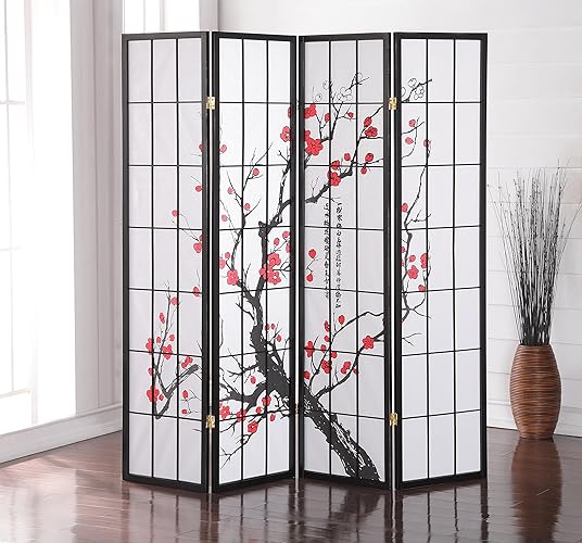 Roundhill Furniture Black Japanese 4-Panel Screen Room Divider, Plum Blossom