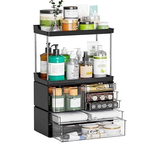 3 Tier 6-Drawer Bathroom Counter Organizer Shelf - Stackable Design - 18.9" Tall Large Skin Care Organizer Suitable as Makeup,Beauty,Face Product,Lotion,Skincare Organizer,Black - Black - 6 Drawers