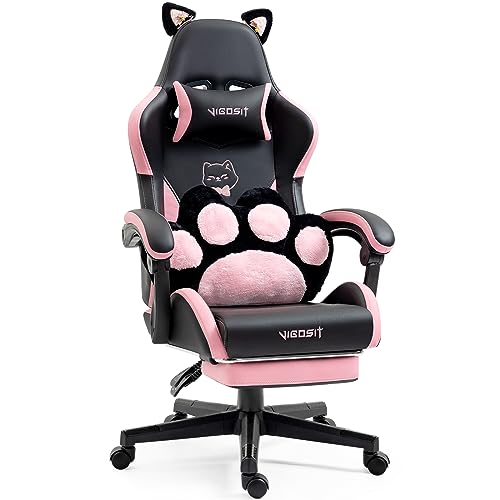 Vigosit Cute Gaming Chair with Cat Paw Lumbar Cushion and Cat Ears, Ergonomic Computer Chair with Footrest, Reclining PC Game Chair for Girl, Teen, Kids, Black Pink - Black