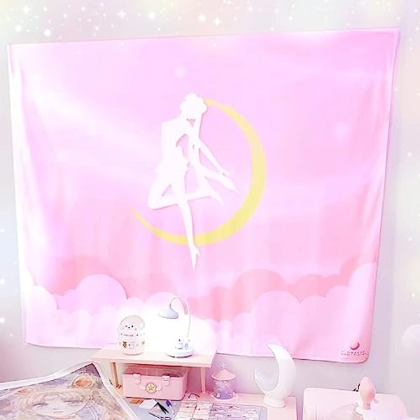 BelugaDesign Moon Tapestry | Cute Kawaii Pink White Pastel Japanese Sailor Anime Wall Decor | Hanging Cloth for Bedroom Living Room (50x60, Pink White)