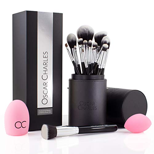 Oscar Charles 17 Piece Professional Makeup Brush Set: Award Winning Make up brushes with Case, Beauty Blender, Brush Cleaner, Product Guide and Gift Box - Silver