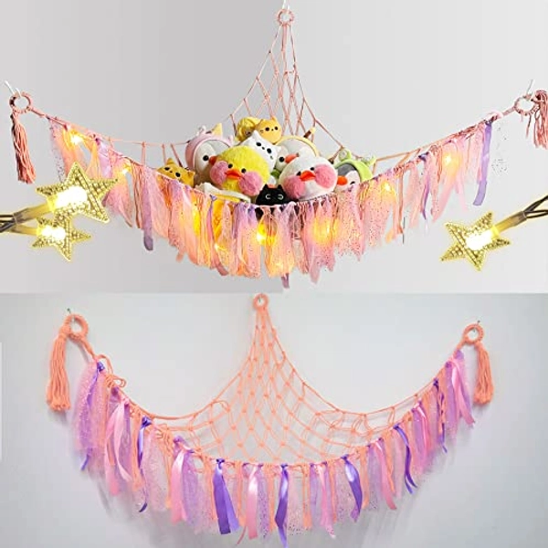 Tittaty Stuffed Animal Storage Holder With LED Light, Hanging Stuffed Animal Hammock or Net, Toy Organizers and Storage with Tassels, Cute Play Room Decor