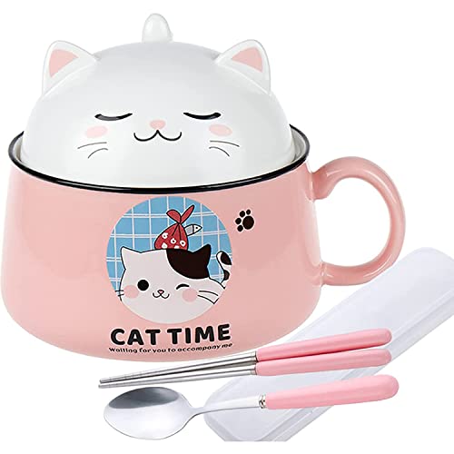 Ramen Bowl with Handle and Lid, Ceramic Instant Noodle Bowl with Spoon & Chopstick, 1020mL Large Noodles Bowl Soup Bowls, Porcelain Bowls for Soup, Udon Pasta Salad Cereal, Dishwasher Microwave Safe - Pink