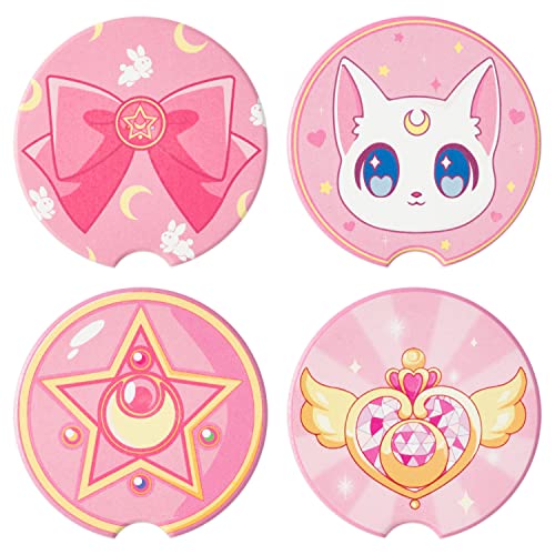 GROBRO7 4Pcs Kawaii Coasters Anime Moon Cat Car Set with Finger Notch Cute Cartoon Artemis Cork Drink Coaster, Heat Resistant Anti Slip Auto Cup Holder Insert Base, Warm Gift for Students Decor