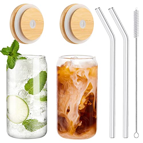 WISIMMALL Drinking Glasses with Bamboo Lids and Glass Straw 2PCS Set, 16oz Can Shaped Glass Cups with Lids and Straws, Beer Glasses, Iced Coffee Glasses, Soda, Gift 1 Cleaning Brushes - 2PCS 16OZ with lids and straws