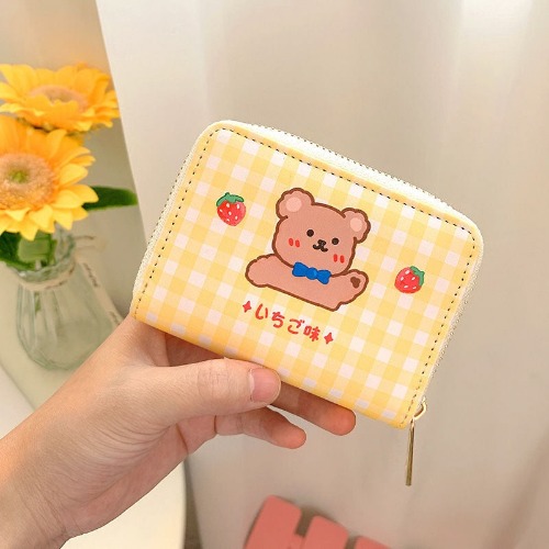 Compact Plaid Animal Wallet - Yellow Teddy