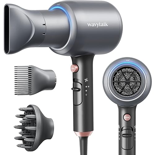 Wavytalk Ionic Hair Blow Dryer with Diffuser for Curly Hair Professional Salon Attachment Diffuser and Concentrator Nozzle for Women Styling Natural - Elegant Metallic Grey (Comb+diffuser+nozzle)