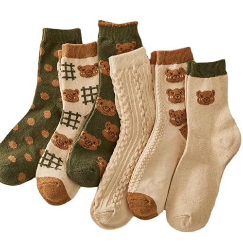 Tooe Women's Kawaii Bear Cotton Socks 6Pairs Coquettish Vintage Crew Socks Cute Warm Casual Socks Fairycore Socking - One Size - Multicolored