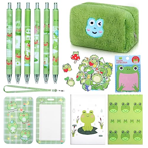 Yeaqee 61 Pcs Cute Frog Stationery Set Frog School Office Supplies Kawaii Stationary Set Frog Pencil Case Pens Notebooks Sticky Notes Stickers Card Case with Lanyard for Boys Girls Party Favor Gift