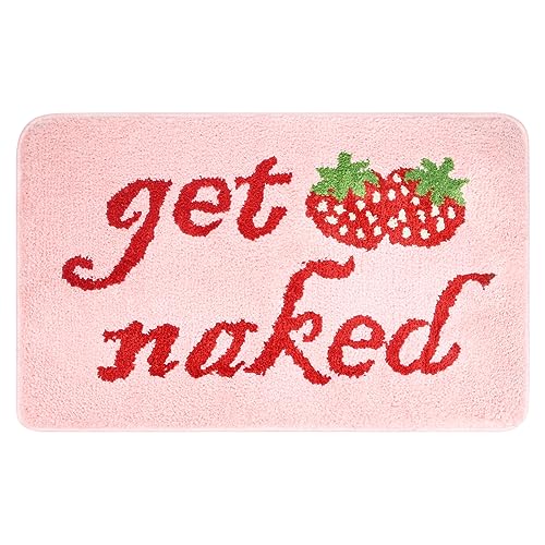 Yonchic Get Naked Bathroom Rugs, Soft Thick Microfiber, Funny Cute Bath Decor Strawberry Rugs, 20”x32”Hot Pink Bathtub Mats, Water Absorbent Non Slip Mat for Shower - Pink - 20 x 32 inch