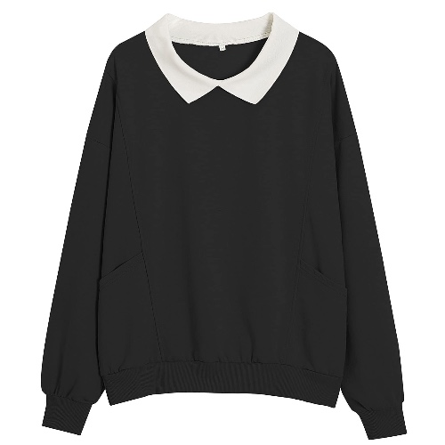 Wrenpies Women Sweatshirts Cotton Hoodie Aesthetic Pullover Turn-Down Collar Sweatshirt for Girls Kawaii Clothes Pocket Tops - Black - X-Large