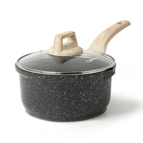 Carote Non Stick Granite Stone Saucepan PFOA Free with Lid and Wooden Effect Bakelite Handle (1.5 Quart, Black Granite with Wood Effect Handle) - 1.5 quart Black Granite With Wood Effect Handle