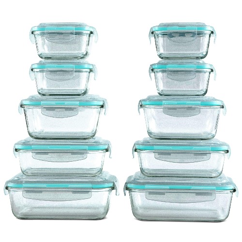 [20 Piece] Glass Food Storage Containers Set with Snap Lock Lids - Safe for Microwave Oven Dishwasher Freezer - BPA Free - Airtight & Leakproof - 