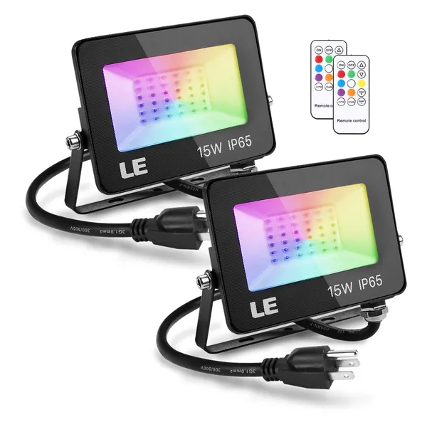 LE RGB LED Flood Light, 15W Outdoor Color Changing Floodlight with Remote Control, Waterproof and Dimmable LED Security Light for Backyard, Garden, and Christmas Decorations, 2 Packs