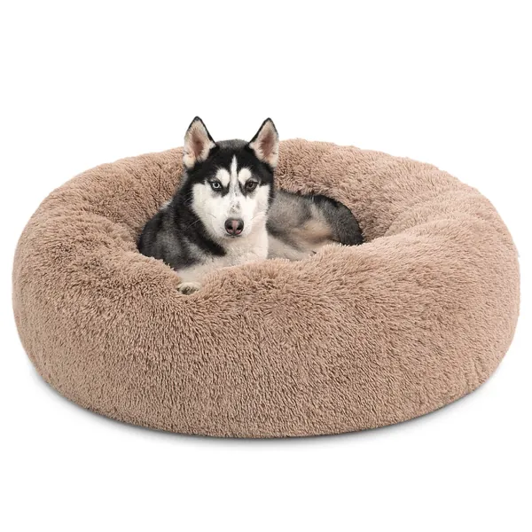 Bedsure Long Plush Calming Dog Bed - Washable Round Dog Bed - 30 inches Anti-Slip Faux Fur Donut Cuddler Round Cat Bed - Fits up to 45 lbs, Self Warming - Camel