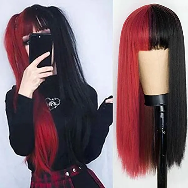 Kaneles Half Red Half Black Wig Long Straight Hair with Bangs Cosplay Natural Wig for Girls Cosplay Party Show - Half Red Half Black