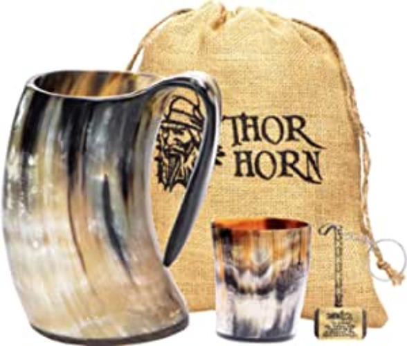 Thor Horn Viking Drinking Horn Mug, 15-20 Oz Natural Ox Horn Cup & Cofee Stein | Cool Unique Beer Gift for Men and Women, Home Decor Accessories | Medieval Shot Glasses for Ale, Mead, Whiskey, Alcohol