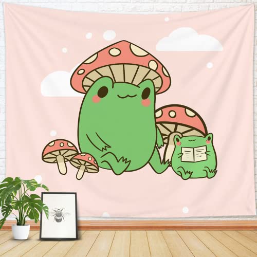 YahonLee Cute Frog Mushroom Hat Kawaii Pink Tapestry,Art Aesthetic Wall Hanging Bedding Tapestry for Teen Boy's Girl's Bedroom Funny Living Room Dorm Home Decor (59.1" x78.7) - 39" x 29"