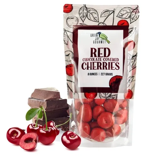 Green Jay Gourmet Milk Chocolate Blueberries - Handmade & Fresh Milk Chocolate Covered Blueberries from Michigan - Great Gift for Chocolate Lovers - 8 Ounce Resealable Bag - Cherries - Red 8 Ounce (Pack of 1)