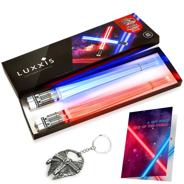 Lightsaber Light up LED Chopsticks Multi function for Star Wars Theme Party Fun Gift Set [2 PAIR - RED AND BLUE SET]