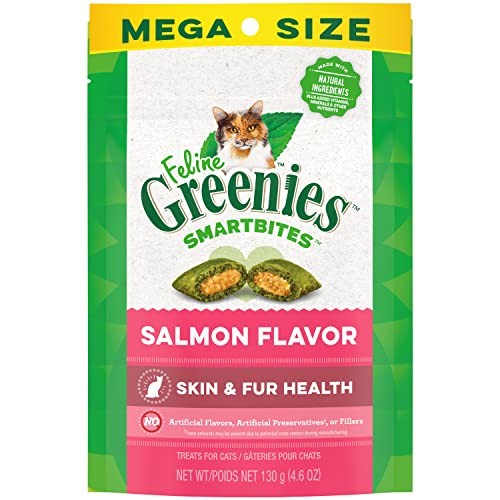 FELINE GREENIES SMARTBITES Skin & Fur Crunchy and Soft Natural Cat Treats, Salmon Flavor, 4.6 oz. Pack - Salmon - 4.6 Ounce (Pack of 1)