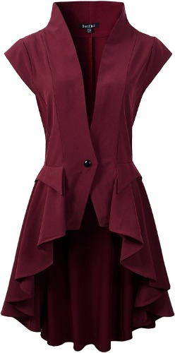 Womens Gothic Steampunk Tail Vamp Long Victorian Waterfall Waistcoat Jacket Top - US12 Burgundy