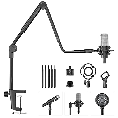 Microphone Stand, 37" Adjustable Gooseneck Mic Boom Arm with 5/8" & 1/4" Adapter, Shock Mount, Mic Clip Holder, Desk Mount Suspension Boom for Blue Yeti Nano, Snowball Ice, Recording and Gaming - Max Height 37 inches