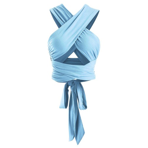 ZAFUL Women's Ribbed Halter Crop Top Criss Cross Ruched Lace-up Cami Bandana Top Cropped Tank Top - Blue One Size