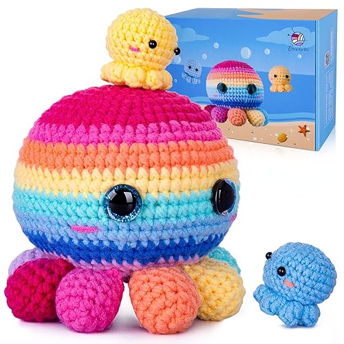 Crochetta Crochet Kit for Beginners, Crochet Kit Step-by-Step Video Tutorials, Crochet Starter Kit Learn to Crochet Kits for Adults Kids Beginners, Jumbo 3 Colorful Octopus Familly (40%+ Yarn Content) - Colorful Octopus Family
