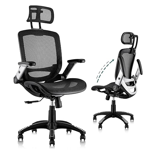 GABRYLLY Ergonomic Office Chair, High Back Home Desk Chair with Headrest, Flip-Up Arms, 90-120° Tilt Lock and Wide Cushion, Big and Tall Mesh Chairs for Man Woman, Black Task Chair - Black