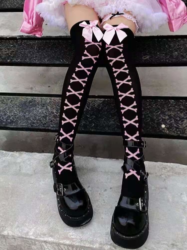 Skull and Crossbones Thigh-Highs - Pink Bone Crosses