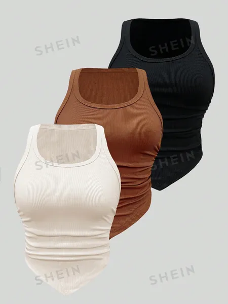 SHEIN BAE Solid Colored Rib Knit Asymmetrical Hem Pleated Tank Top Set, Multiple Colors Available