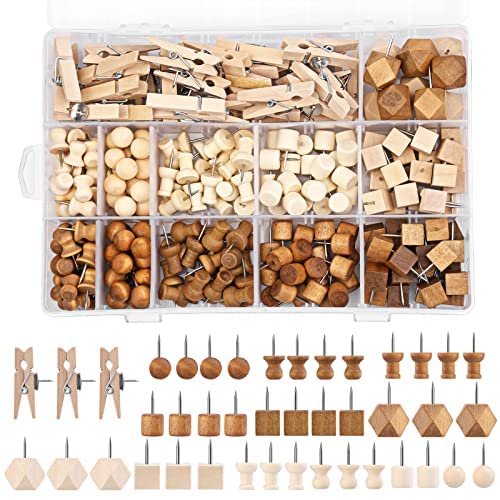 270 Pcs Wood Push Pins, 2 Colors and 7 Types Decorative Thumb Tacks Wooden Head Pin Wood Map Tacks Marking Pin, Wood Thumb Tacks Decorative for Bulletin Boards Craft Projects with Storage Box - Mixed Colors