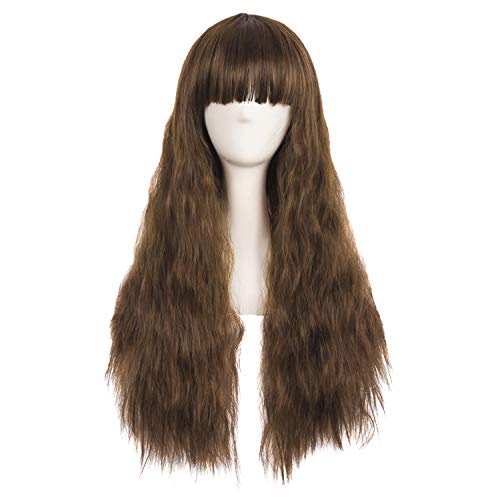 MapofBeauty 28"/70 cm Charms Women Synthetic Long Fluffy Corn Curly Flat Bangs Wig (Brown) - Brown