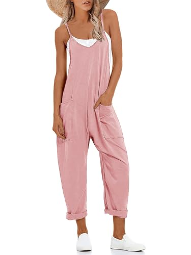 Muchpow Women's V Neck Sleeveless Jumpsuits Spaghetti Straps Harem Long Pants Overalls With Pockets - Medium - Pink