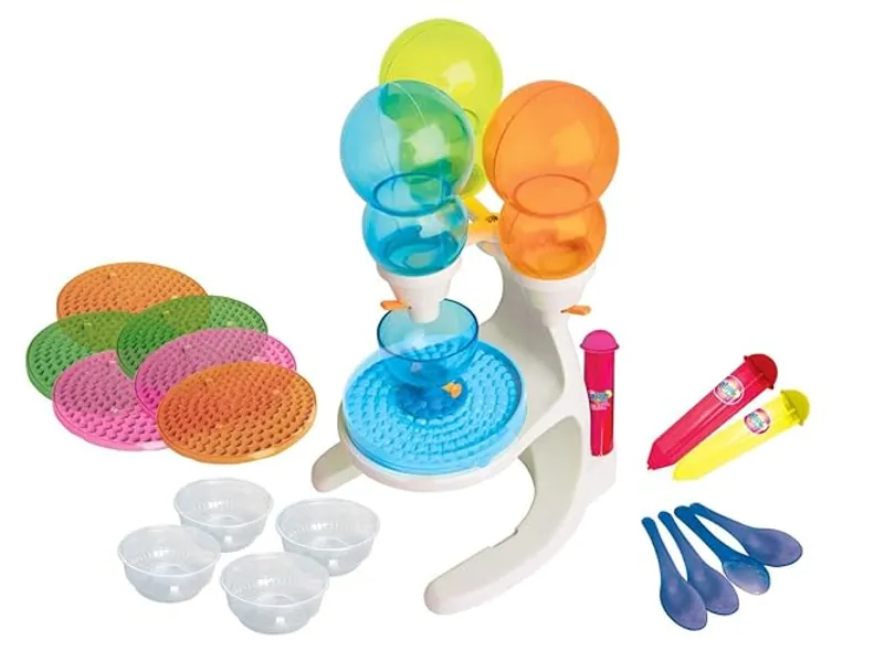 Dippin Dots Frozen Dot Maker, Includes maker, 6 trays, 4 bowls, 4 spoons, 2 pop pens, Instructions, Enjoy Dippin Dots at home, Use any soda, juice or milk, Freezes in 2 hours, Easy to use, Great gift