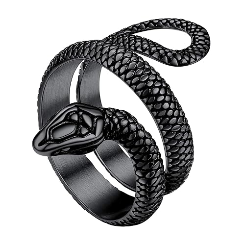 Stainless Steel/18K Gold Plated/Black Snake Ring for Men Women Size 7-12 Serpent Reptile Rings Punk Gothic Jewelry(with Gift Box) - 03-Black Plated - 12