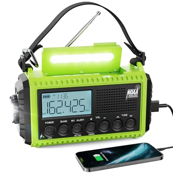 Raynic Emergency Weather Radio, 5000mAh/18500mWh Weather Radio, Portable Solar Hand Crank Radio with AM/FM/SW/NOAA, Cell Phone Charger, Headphone Jack, Flashlight and SOS Siren - Green-LCD Display