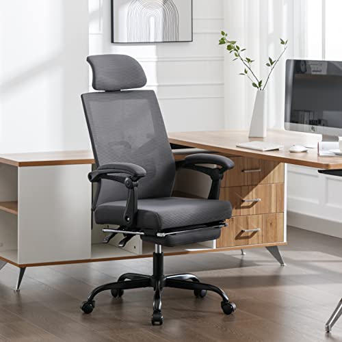 Qulomvs Mesh Ergonomic Office Chair with Footrest Home Office Desk Chair with Headrest and Backrest 90-135 Adjustable Computer Executive Desk Chair with Wheels 360 Swivel Task Chair - Grey With Footrest