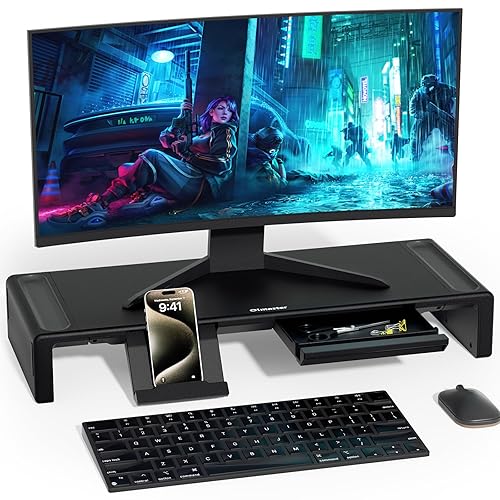 OImaster Monitor Stand Riser, Foldable Computer Monitor Riser, Adjustable Length Computer Stand and Storage Drawer & Pen Slot, Phone Stand Compatible Computer, Desktop, Laptop, Save Space (Black) - Black