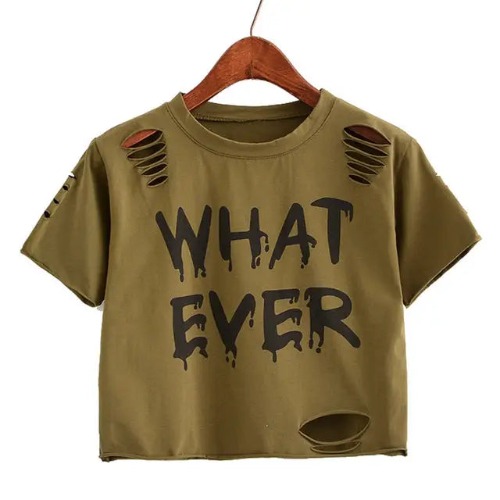 Cropped Punk Rock T-Shirt with Bold WHAT EVER Statement - Olive