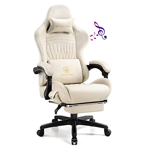 GTPLAYER Gaming Chair, Computer Chair with Footrest and Bluetooth Speakers, High Back Ergonomic Gaming Chair, Reclining Gaming Chair with Linkage Armrests for Adults by GTRacing (Leather, Ivory) - Ivory - Leather