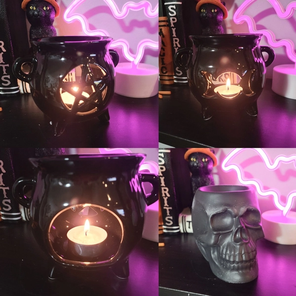 Ceramic Cauldron tealight wax warmers with 1oz wax melts, Pagan/Witch, Pentagram, skull