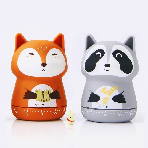 ELE DEPI 2 Pack Cute Kitchen Timer,100% Mechanical Timer for Kids,60 Minute Egg Timer for Cooking/Reading/Do Sports. (Fox and Raccoon) - Fox and Raccoon