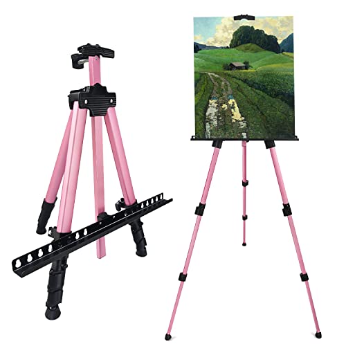 RRFTOK Artist Easel Stand, Aluminum Metal Adjustable Easel for Painting Canvases Height from 17 to 66 Inch,Carry Bag for Table-Top/Floor Drawing and Didplaying(Pink) - 66Pink 1-pack