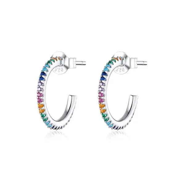 Qings Rainbow C-shaped Hoop Small Stud Earrings Dainty Oval Half Open Post Earrings Stylish Birthday Gift for Young Girl Girlfriend